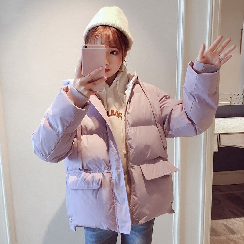 CHICDEAR New Winter Women's Down Cotton Jacket Casual Loose Thick Warm Hooded Parkas Woman Solid Color Short Padded Cotton Coat