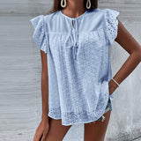CHICDEAR Hollow Out Lacework Fashion Tunics Tops Elegant 2023 Summer Blouse O Neck Sleeveless Blusas Stitched Ruffle Lace Up Shirt