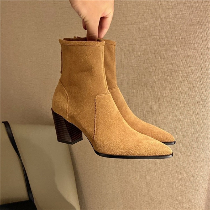 CHICDEAR Spring/Autumn Women Boots Pointed Toe Chunky Heel Suede Leather Women Shoes Heel Height(5Cm-8Cm)Retro Solid Short Boots Ladies