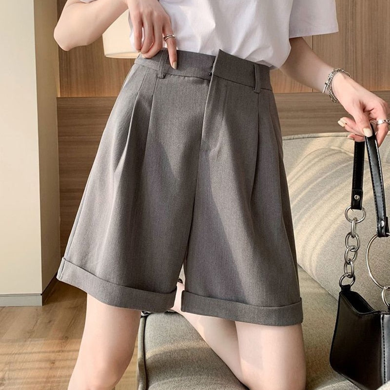 CHICDEAR 2023 Summer Causal Shorts For Women Korean Khaki High Elastic Waist Suits Shorts With Pockets Zipper Short Pants Female