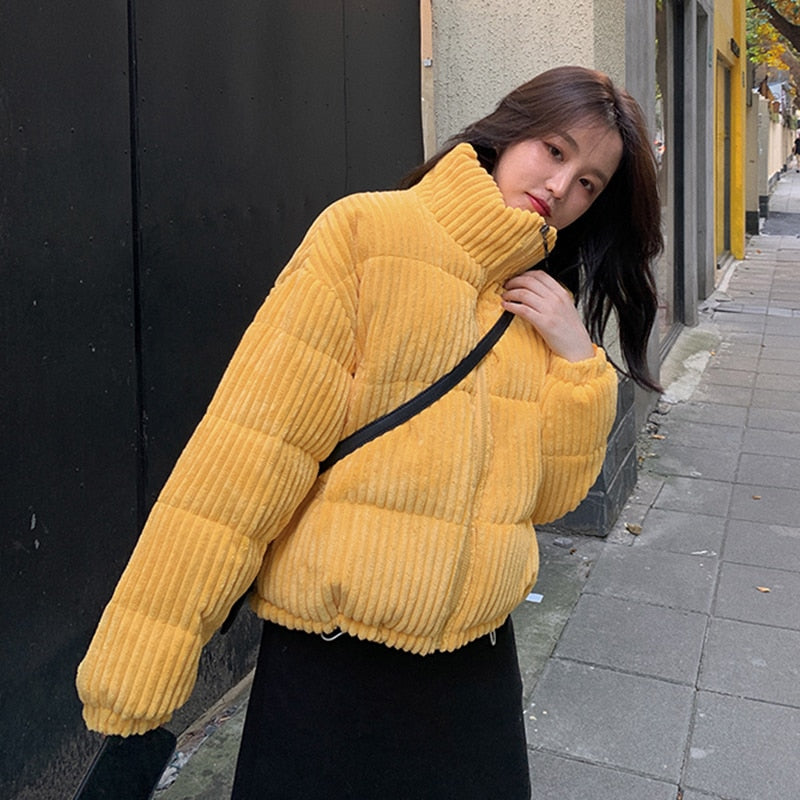 CHICDEAR 2023 Winter Thick Corduroy Coat Women Korean Stand Collar Warm Cotton-Padded Jacket Female Pink Brown Zip Short Parkas