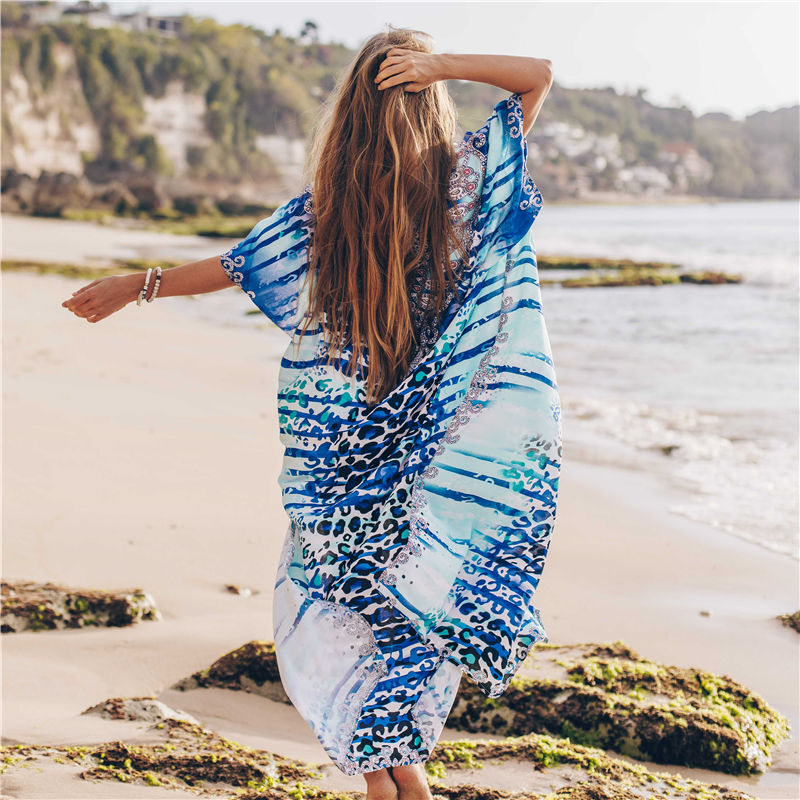 CHICDEAR 2023 Blue Bohemian Printed Lace Up V-Neck Bats Sleeve Loose Summer Dress Beach Caftan Plus Size Women Beachwear Maxi Dress Q736