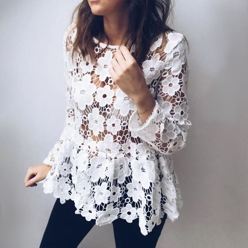 CHICDEAR Sexy Hollow Out Lace Blouses Fashion See-Through Long Sleeve Casual Tunics Tops O-Neck Flower 2023 Summer Solid Shirts