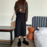 CHICDEAR 2023 New Autumn Winter One-Step Skirts Women Korean Solid Mid-Long Knitted Skirt Ladies Elegant High Waist A-Line Skirt