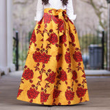 CHICDEAR Pocket Pleated Umbrella Skirt Women Bohemian Party Skirt Casual Bowkont Faldas Floral Print High Waist Vintage Long Jupes