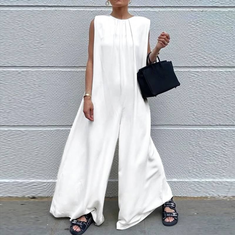 CHICDEAR Casual Loose Vintage Playsuit Sleeveless O Neck Solid Women Jumpsuit Office Ladies Wide Leg Pants Long Romper Overalls