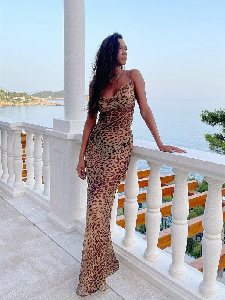 CHICDEAR 2023 Sexy Spaghetti Strap Leopard Long Sundress Maxi Dress Summer Clothing For Women Club Party Dresses Evening Beach Wear A1224