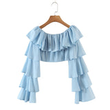 Chicdear Summer Women Cascading Ruffled Long Flare Sleeve Cropped Blouses Ladies Square Collar Casual Slim Fit Shirts Blue White