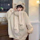 CHICDEAR Women Lamb Wool Two Piece Hoodies Kawaii Bear Ear Cap Faux Fur Loose Ladies Pullovers Warm Plush Thick Sweatshirts Top