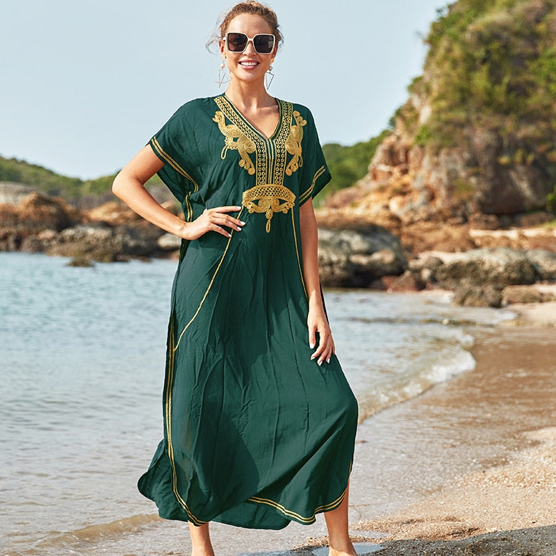 CHICDEAR 2023 Vintage Embroidery Kaftan Sexy V-Neck Batwing Sleeve High Waist Maxi Dress Tunic Women Clothing Summer Beach Dresses Q660