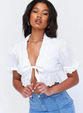 Chicdear Summer Women Solid White Shirt Retro Ruched Sexy Deep Veck Half Sleeve Ruffles Bandage Cotton Short Blouse