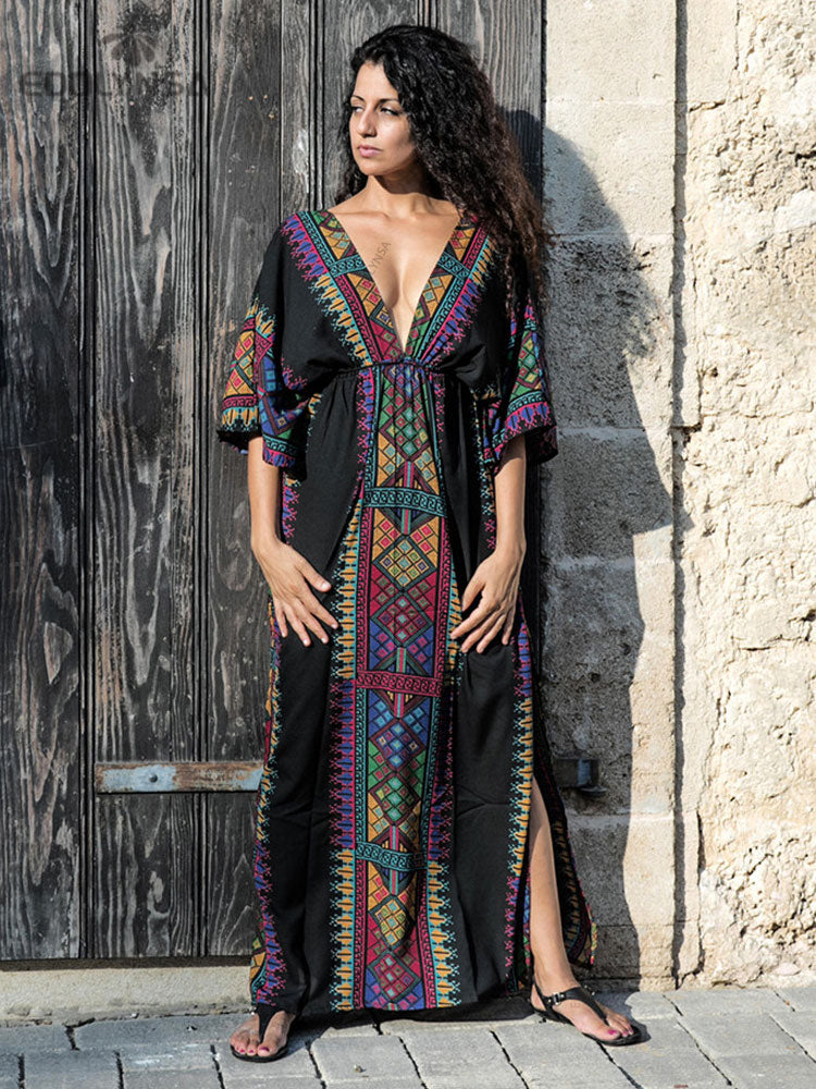 CHICDEAR 2023 Summer Women Tunic Beach Wear Sexy Plunging Neck V Back Side Split Black Indie Folk Embroidery Kaftan Dress Vestidos Q645