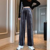 CHICDEAR Loose Elastic Waist Pants Womens 2023 Autumn New Fashion Velour Wide Leg Pants Woman Gray Pockets High Trousers Female