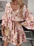 CHICDEAR Bohemian Women Floral Printed Dress 2023 Summer Lace Up V Neck Beach Party Mini Vestidos Elegant Flared Sleeve Sundress