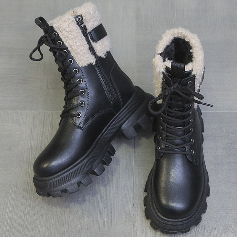 CHICDEAR Women 2023 New Fashion Fur Warm Chelsea Snow Boots Winter Short Plush Ankle Boots Flats Casual Ladies Shoes Motorcycle Botas