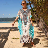 CHICDEAR 2023 Bohemian Printed V-Neck Batwing Sleeve Side Split Loose Summer Dress Long Tunic Women Plus Size Beach Wear Maxi Dress Q1200