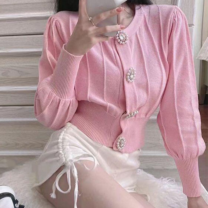 CHICDEAR High Waist Slim Fit Long Sleeve Cardigan Women 2023 Spring New Drill Buckle Sweaters Woman Solid Color Knitted Outwear