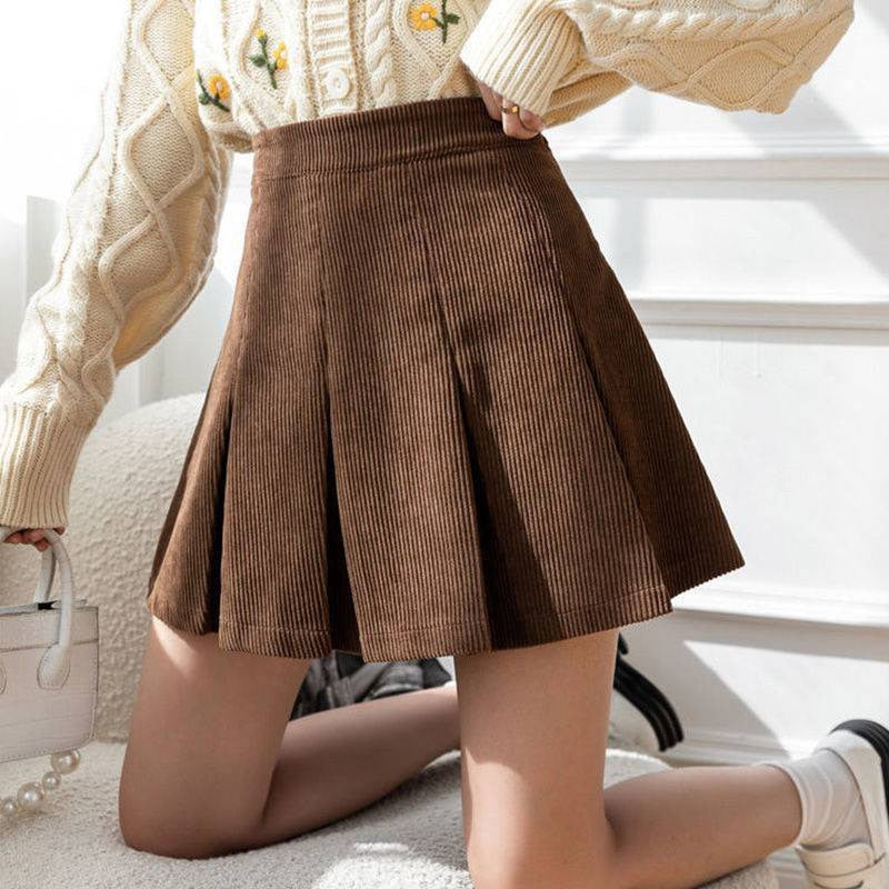 CHICDEAR Fashion High Waist Pleated Skirts Women 2023 Spring Summer Corduroy Mini Skirts Woman Korean Black Brown Short Skirt