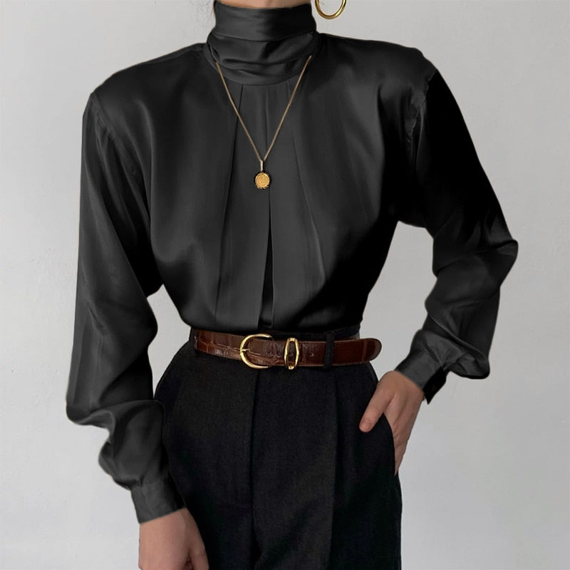 CHICDEAR Elegant Satin Silk Blouse Women 2023 Fashion Pleated High Collar Long Sleeve Buttons Shirts Streetwear Blusa Chic Chemise