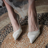 Chicdear Beaded Pointed Ladies Shoes Pearl Banquet Party Fashion Women's Stiletto Shallow Mouth Mature Wedding Females High Heels