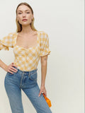 Chicdear Summer Women Blouses Yellow Short Sleeves Back Zipper Front Ties Plaid Flare Sleeves Square Collar Chiffon Slim Shirt Ladies