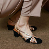 CHICDEAR 2023 Summer Women Sandals Round Toe Cover Heel Gladiator Shoes Women Sheep Suede Women Shoes Vintage Cutout Flat Roman Sandals