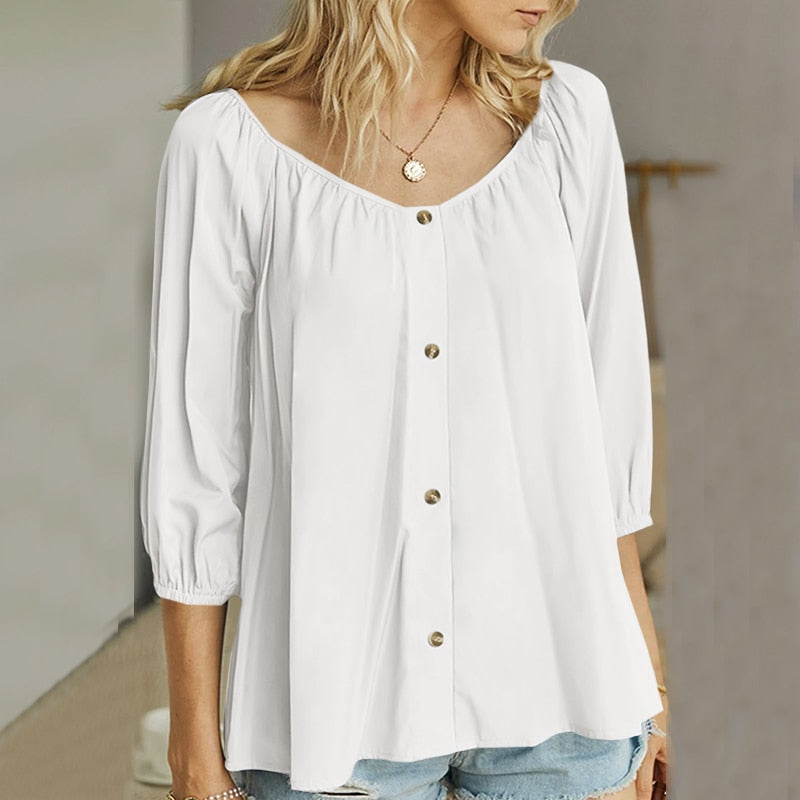 CHICDEAR Casual Loose Round Neck Blouses Women 2023 Autumn 3/4 Sleeve Gathers Tunic Tops Elegant Buttons Leisure Puff Sleeve Blusa