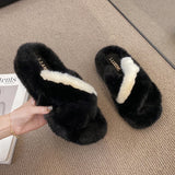 CHICDEAR Short Plush Women Slippers Fur Flip Flops 2023 New Fashion Home Warm Cotton Shoes Winter Boots Flat Shoes Platform Mules Zapatos