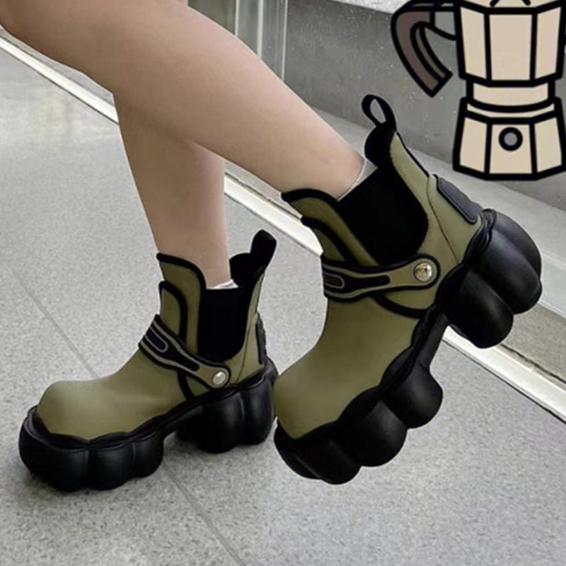 CHICDEAR 2023 New Women Chelsea Ankle Boots Winter Shoes Fashion Platform Motorcycle Boots Square Toe Flats Women Shoes Goth Snow Botas