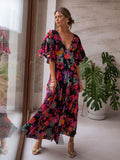 CHICDEAR 2023 Boho Floral Printed V-Neck Short Sleeve Self Belted Cotton Dress Tunic Women Summer Clothes Street Wear Maxi Dresses A1341