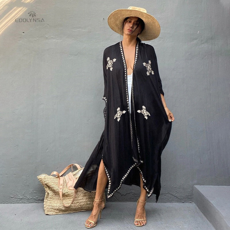 CHICDEAR 2023 Floral Embroidered Front Open Long Kimono Cardigan Plus Size Navy Blue  Tunic Women Tops And Blouses Shirts Q1146