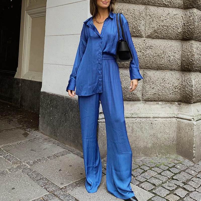 CHICDEAR 2023 Fashion Oversize Sets Loose Casual Women Streetwear Lapel Long Shirts And Wide Leg Pants Suits Two-Piece Pant Sets