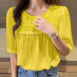 CHICDEAR 2023 Summer Women Top Fashion Short Puff Sleeve Blouses Elegant Solid Tops Pleats Holiday Lace Stitching Round Neck Shirt