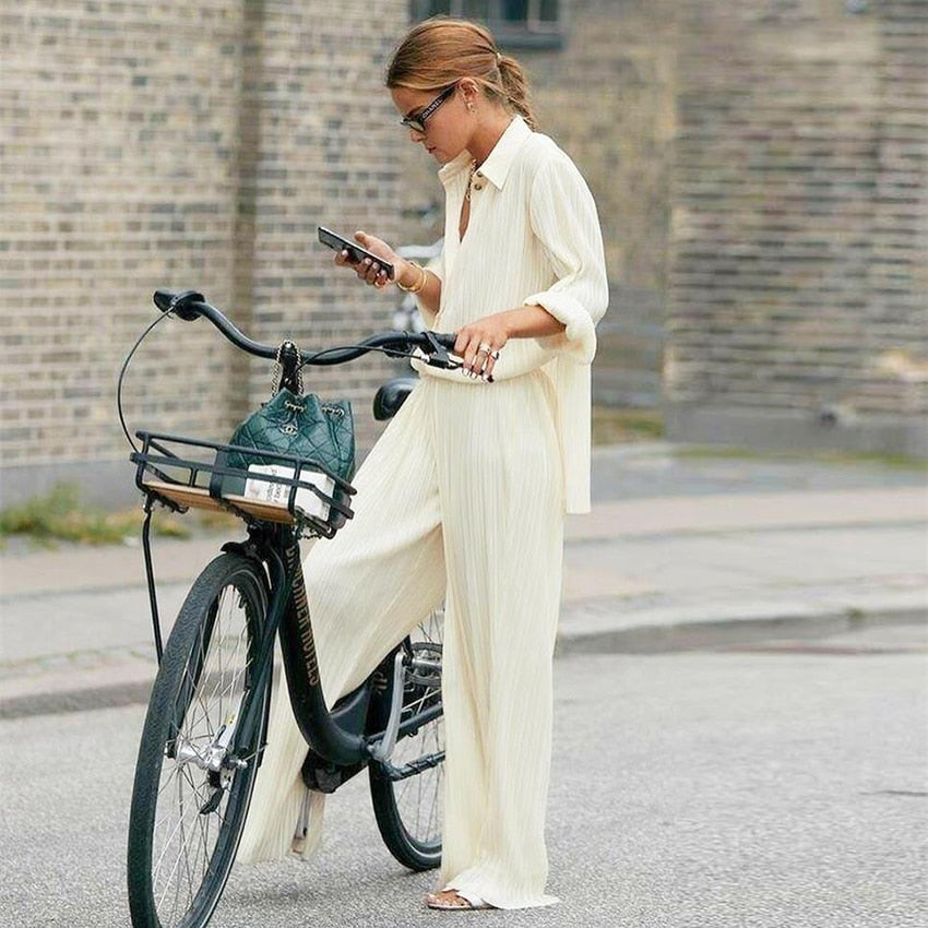 CHICDEAR 2023 Boho Solid Color Tops Or Pants Suit Casual Autumn Clothes Woman Long Sleeves Top Bottoms Full Length Pants Beach Wear A1601