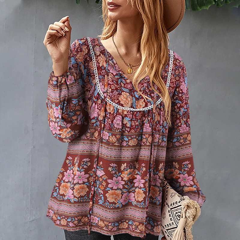 CHICDEAR Floral Print 2023 Summer Blusas Women Vintage Casual Loose Long Sleeve Lace Up Blouses V-Neck Bohemain Holiday Tops Shirt
