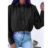 CHICDEAR Women Lapel Collar Blouses Elegant Pleats Long Puff Sleeve 2023 Summer Shirts Solid All-Match Buttons Satin Tunic Tops