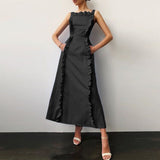 CHICDEAR Elegant Square Collar Midi Sundress Pocket Fashion Stitching Ruffles Women Beach Vestidos Sleeveless Sexy Long Dresses