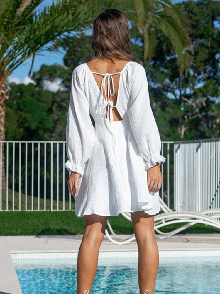 CHICDEAR 2023 Summer Sexy Backless V Neck Lantern Sleeve Lacing Women Niche Design Elegant Ruffle A-Line Skirt Party Mini Dresses A2071