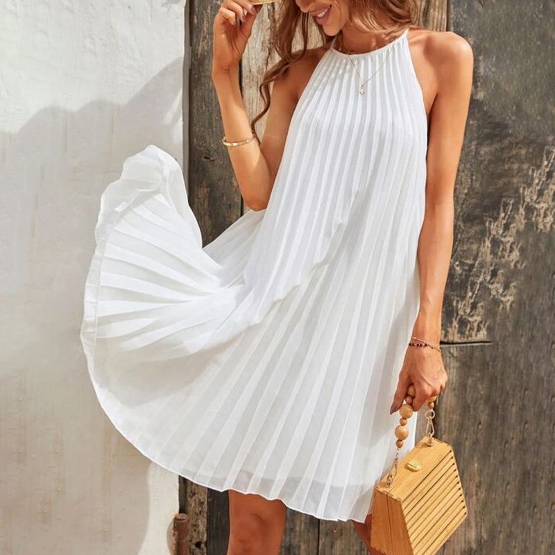 CHICDEAR Straps Party Mini Dress Pleated O Neck Dress Casual Loose Sexy Sundress Summer 2023 Oversize Sleeveless Women Short Robes