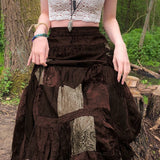 CHICDEAR Women's Vintage Brown Midi Skirts 2023 Autumn Elegant Velvet High Waist Long Skirt Female Print Patchwork A Line Skirts