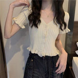 CHICDEAR Summer Knitting White T-Shirts Women Sweet Cute Ruffles V-Neck Crop Tops Woman Korean Short Sleeve Cropped T Shirt 2023