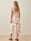 Chicdear Summer Split Midi Dress Floral Print Sleeveless Backless Square Collar Elastic Long Holiday Beach Dress