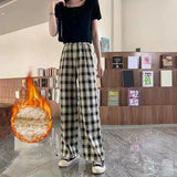 CHICDEAR Winter Warm Plush Plaid Pants Women Casual Loose Thick Wide Leg Trousers Female Student Y2K High Waist Straight Pants