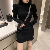 CHICDEAR Women's Turtleneck Knitted Dress Fashion Slim Fit Puff Long Sleeve Mini Dresses Female Korean Elegant Bodycon Hip Dress