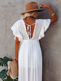 CHICDEAR Sexy Deep V-Neck Butterfly Sleeve Self Belted High Waist Button Front Open Summer Beach Dress Whitetunic Women Beachwear Q1208