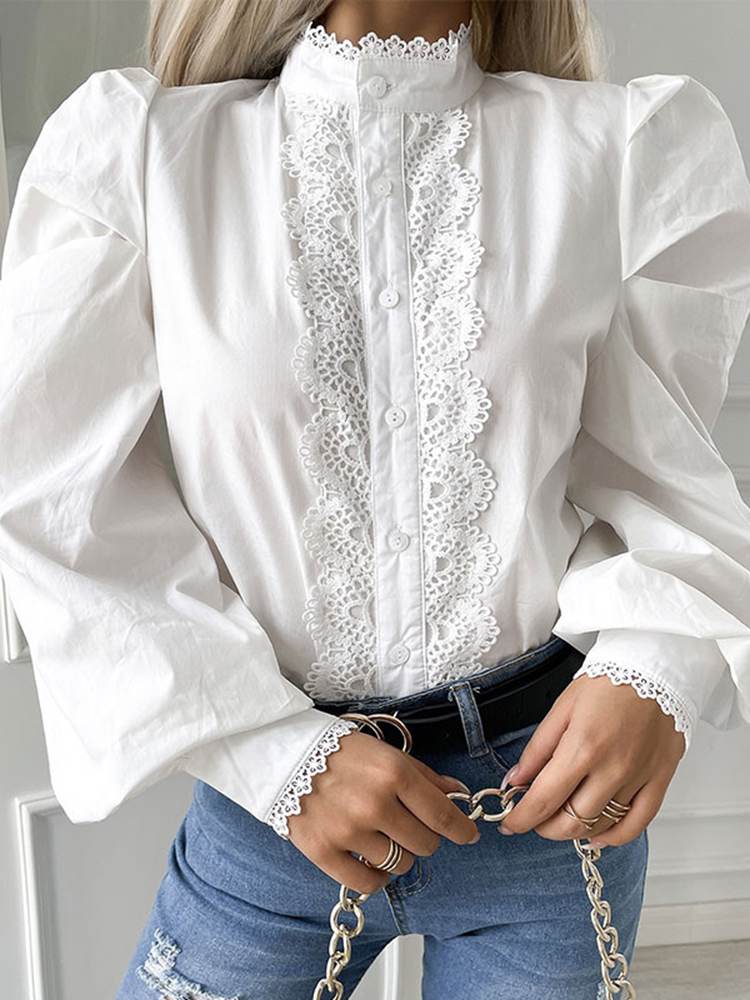 CHICDEAR Casual Blouse Women Fashion Lace Long Puff Sleeve Buttons Shirt 2023 Summer Stand Collar Vintage Tops Elegant Party Tunic