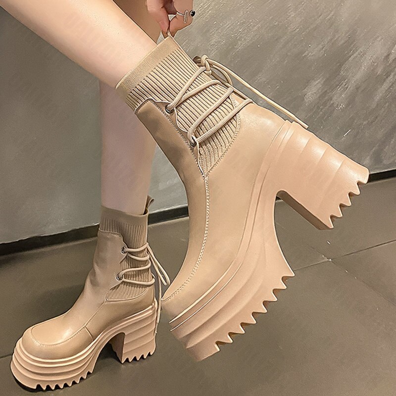 CHICDEAR Women High Heels Chelsea Ankle Sock Boots 2023 Winter New Trend Fashion Thick Platform Motorcycle Boots Casual Shoes Snow Botas