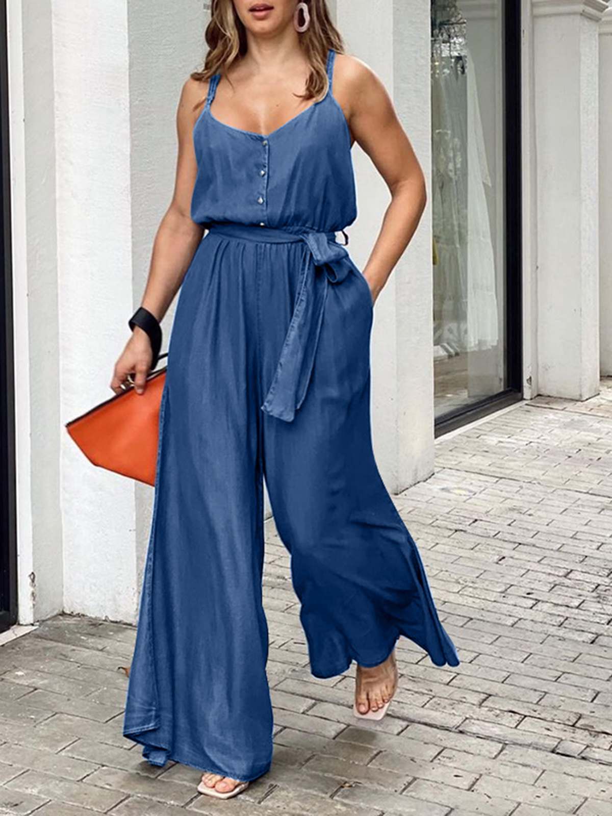 CHICDEAR Elastic Waist Spaghetti Straps Overalls Women Fashion Wide Leg Pants 2023 Summer Long Rompers With Belt Casual Jumpsuits