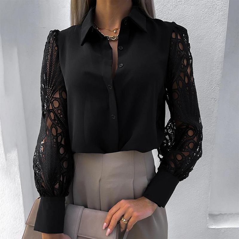CHICDEAR Hollow Out White Shirts Women 2023 Fashion Summer Lace Long Sleeve Blouses Casual Commuting OL Tops Elegant Lapel Blusas
