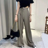 CHICDEAR Women's Office Suit Pants 2023 Spring Summer Lace Up High Waist Wide Leg Pants Woman Casual Loose Straight Trousers
